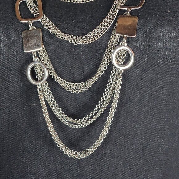 Chico's Vtg Sliver Tone Circle Square Chunky Layered Bib Statement 19" Necklace - Picture 3 of 16